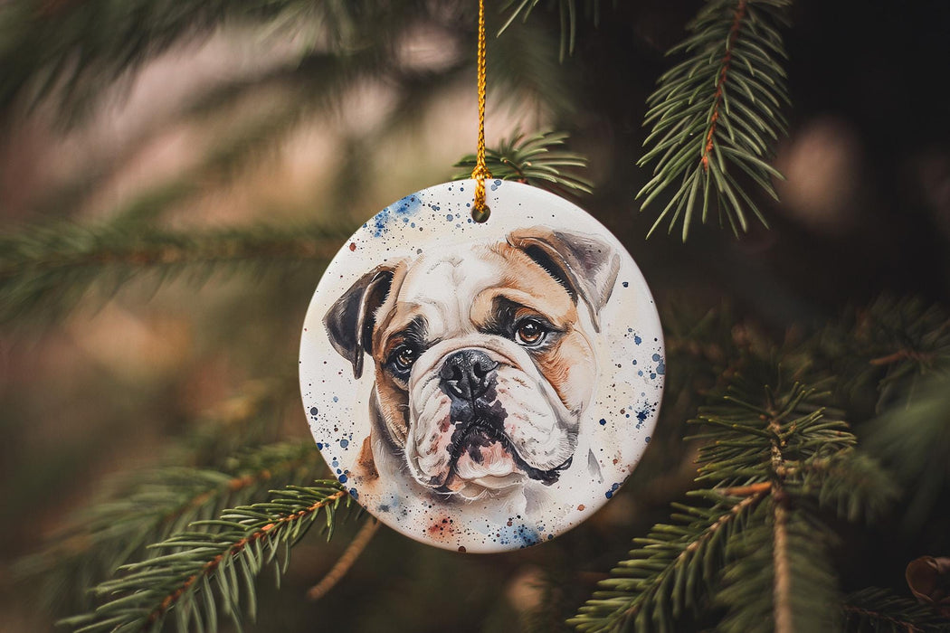 a ceramic ornament hanging from a christmas tree