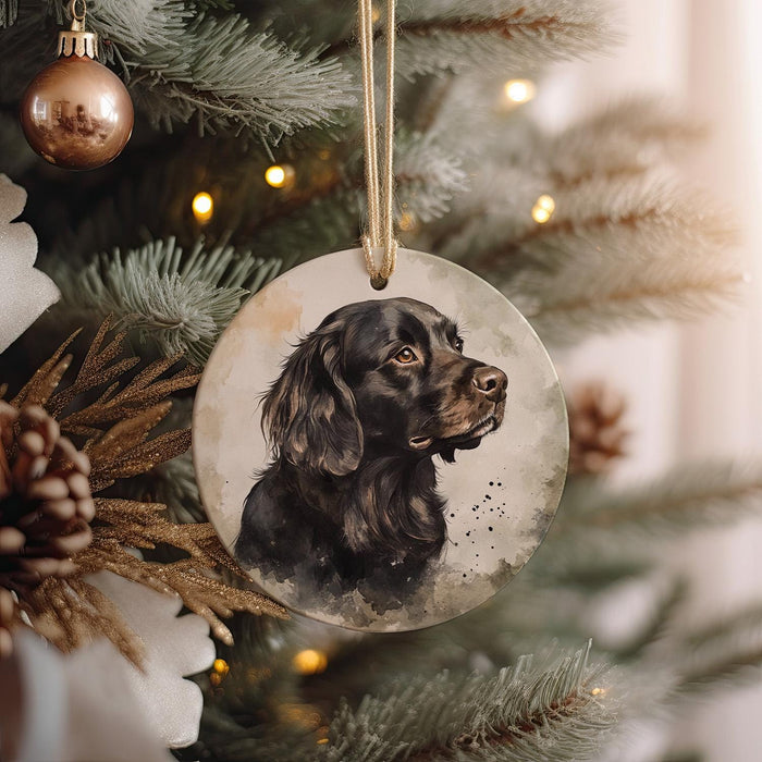 a black dog ornament hanging from a christmas tree