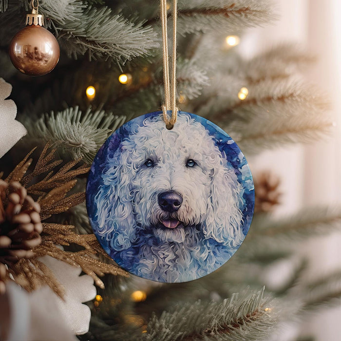 a white dog ornament hanging from a christmas tree