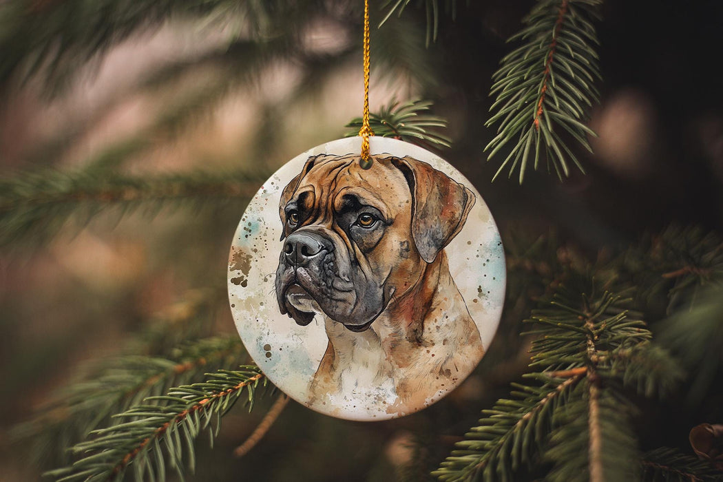 a dog ornament hanging from a christmas tree