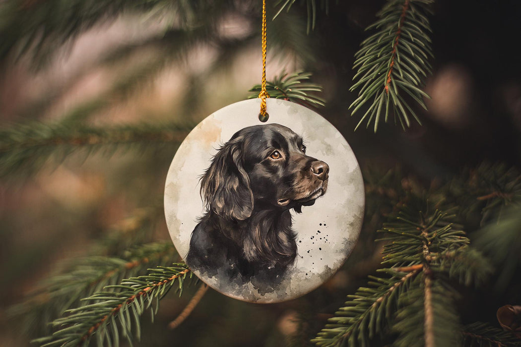 a black dog ornament hanging from a christmas tree