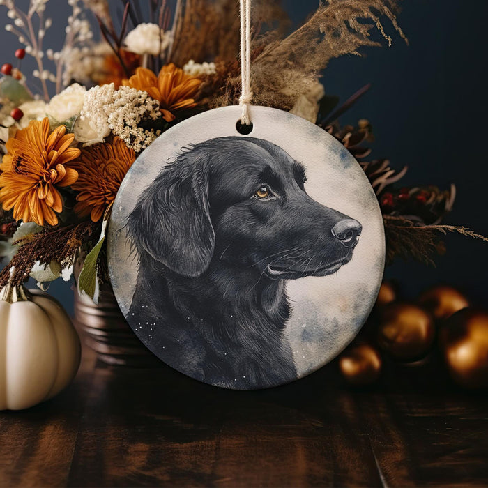 a picture of a dog on a round ornament