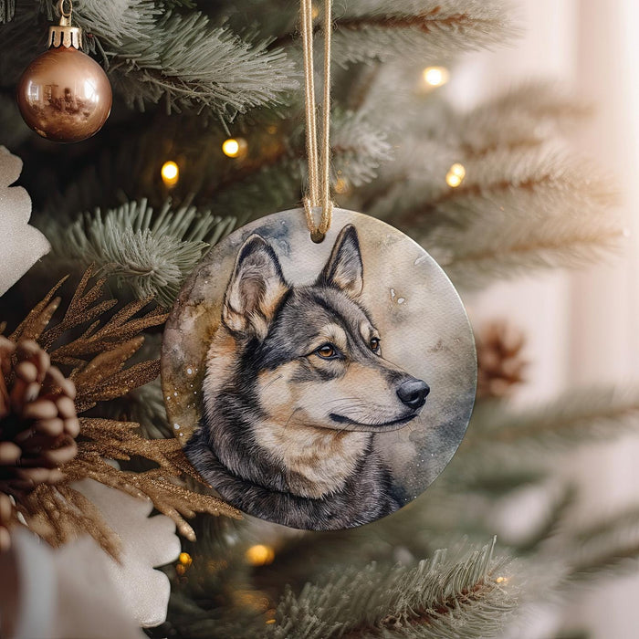 a picture of a wolf ornament hanging from a christmas tree