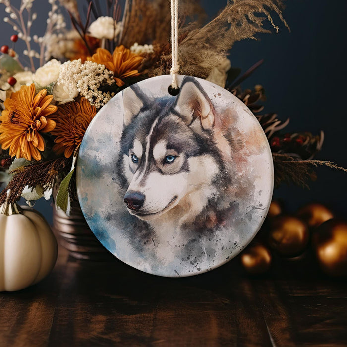 a ceramic ornament with a picture of a wolf on it