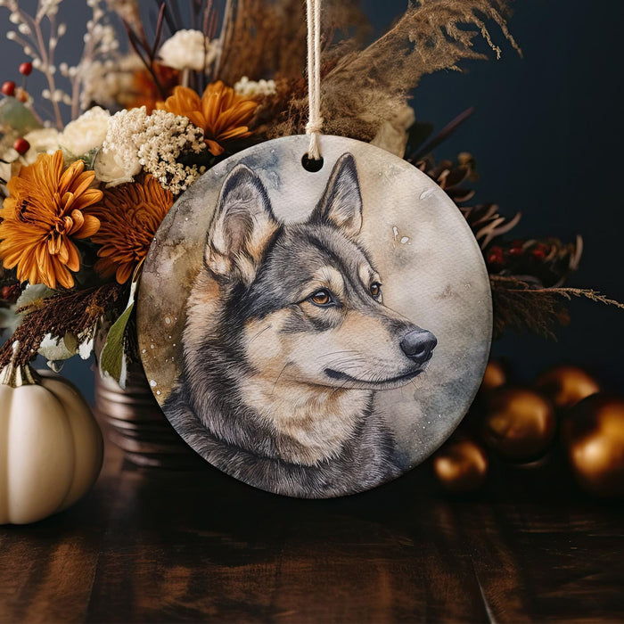 a ceramic ornament with a picture of a wolf on it