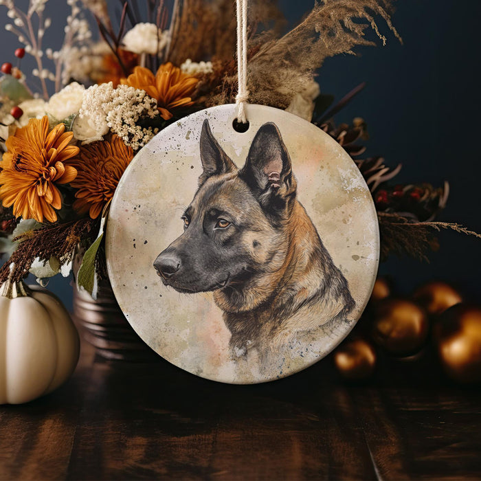 a picture of a german shepherd on a ceramic ornament