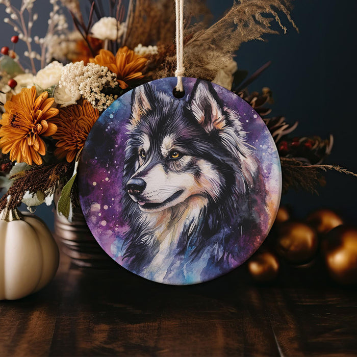 a picture of a wolf is hanging from a string