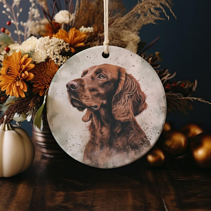 a picture of a dog on a ceramic ornament