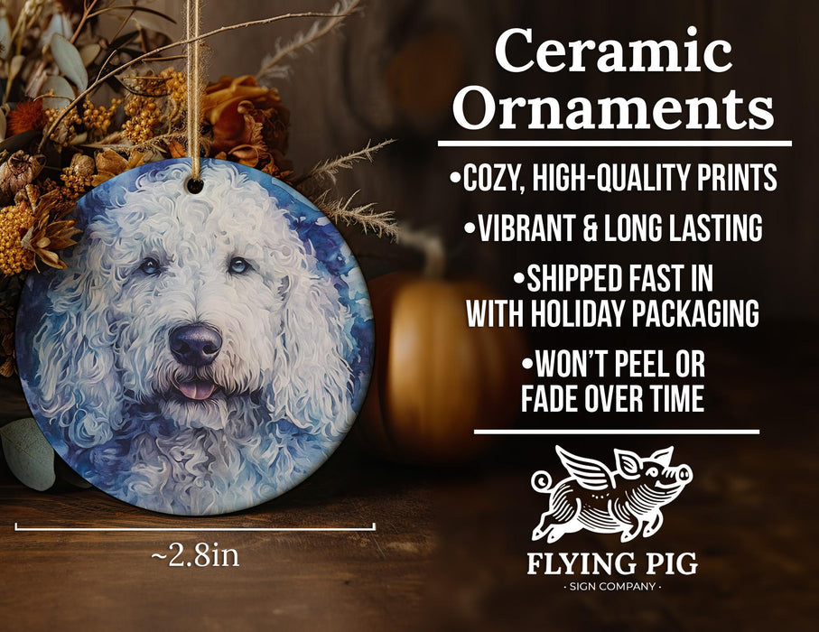 a ceramic ornament with a white dog on it