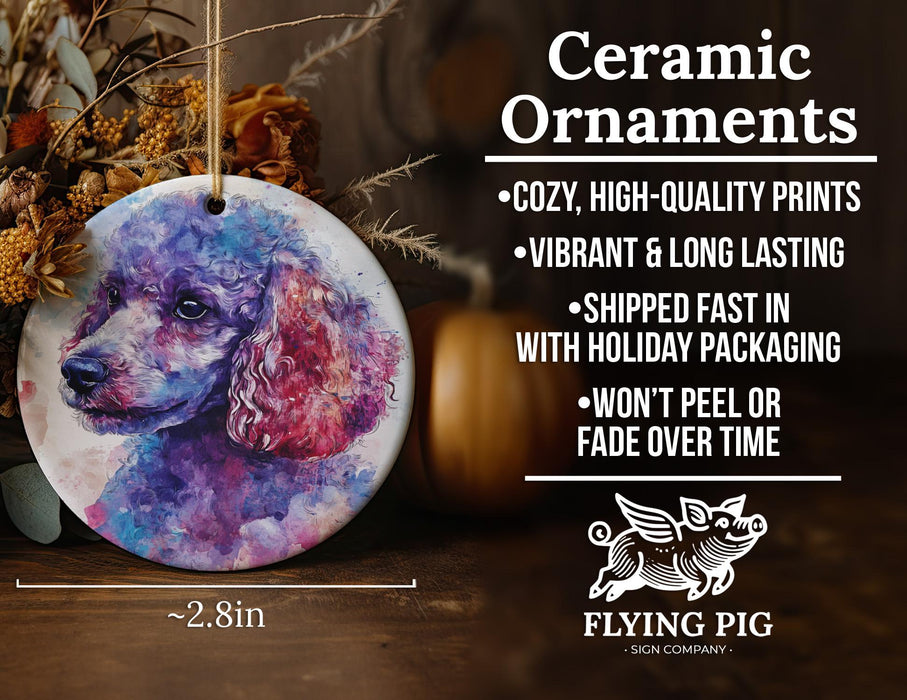 a ceramic ornament with a purple poodle on it