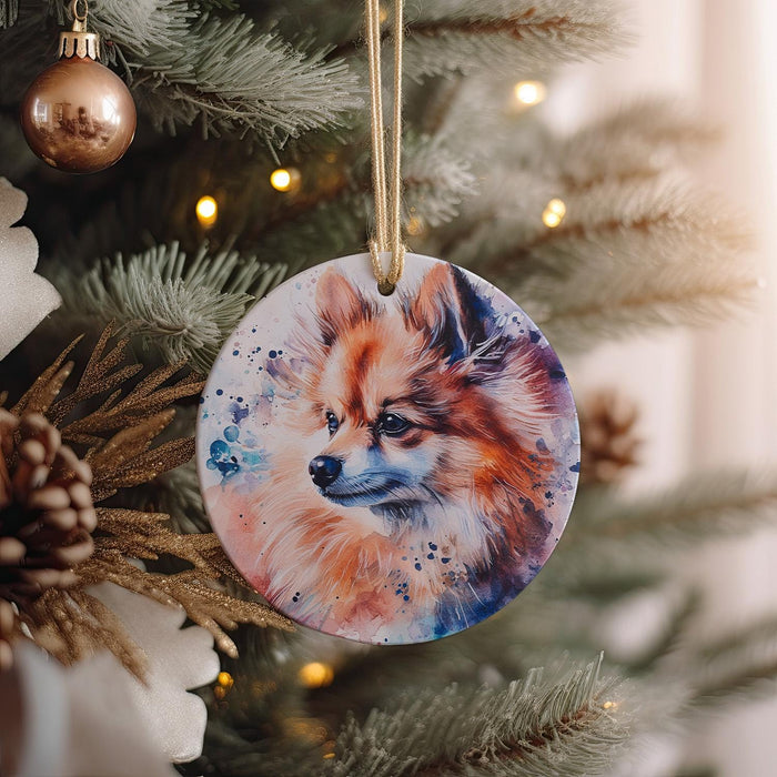 a ceramic ornament hanging from a christmas tree