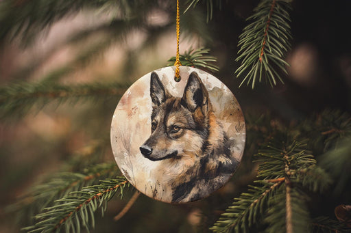 a wolf ornament hanging from a christmas tree