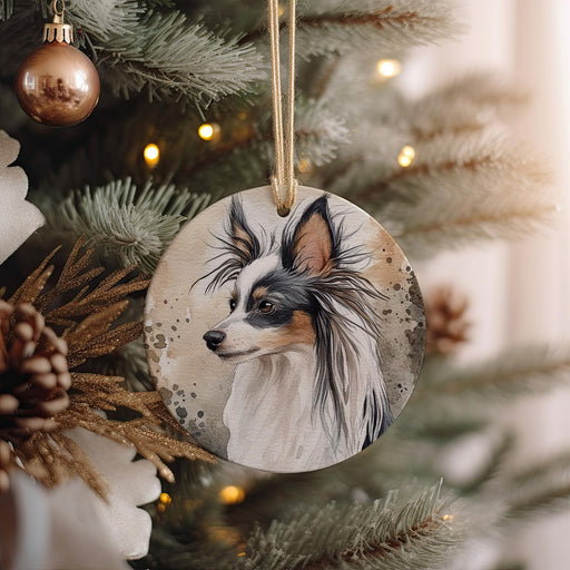 a dog ornament hanging from a christmas tree