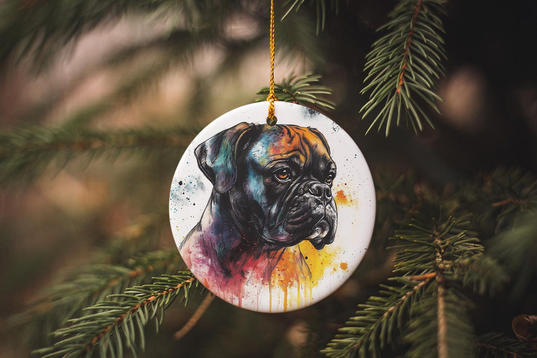 a ceramic ornament hanging from a christmas tree