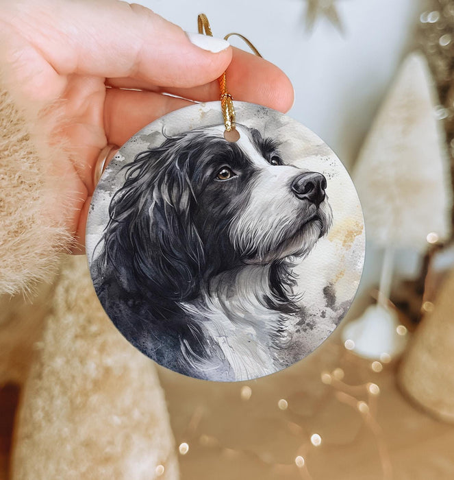 a hand holding a round ornament with a picture of a dog
