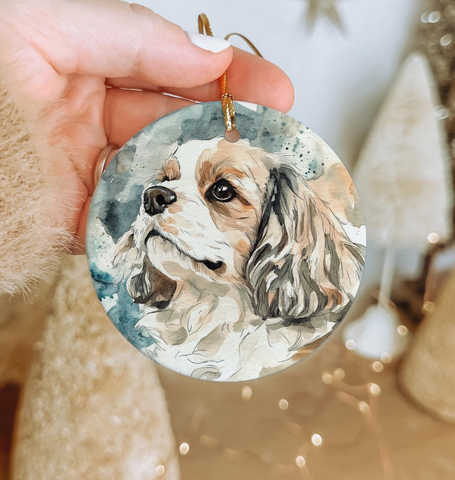 a person holding a dog ornament in their hand