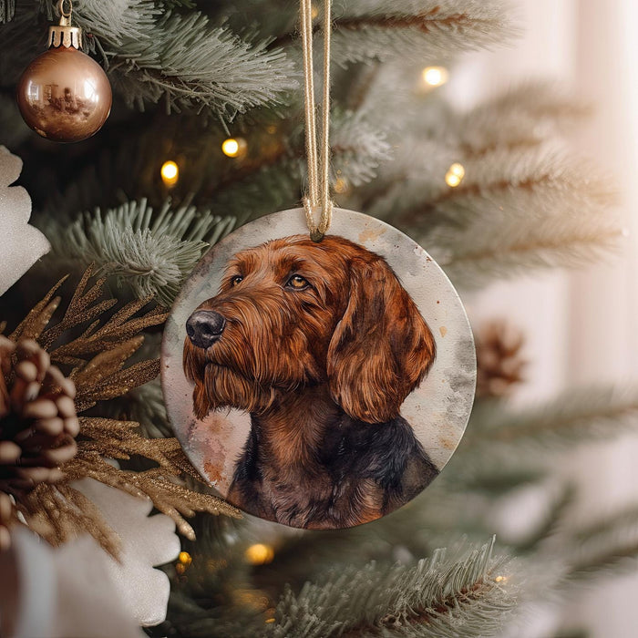 a dog ornament hanging from a christmas tree