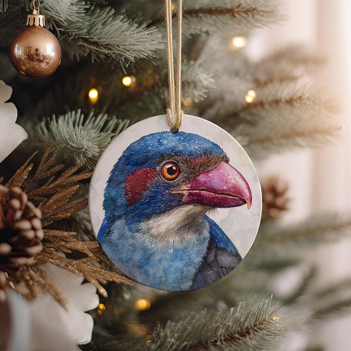 a blue bird ornament hanging from a christmas tree