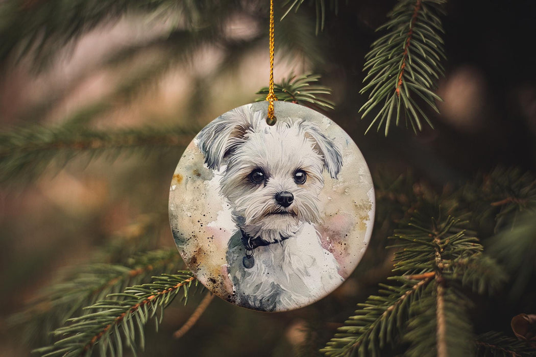 a white dog ornament hanging from a christmas tree
