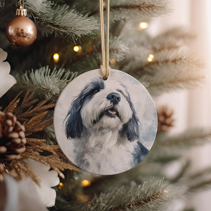 a dog ornament hanging from a christmas tree