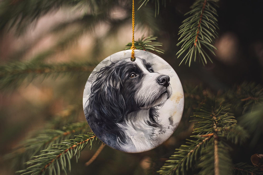 a black and white dog ornament hanging from a christmas tree