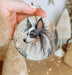a hand holding a christmas ornament with a dog on it