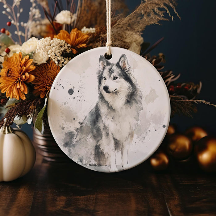 a ceramic ornament with a picture of a wolf on it