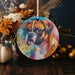 a painting of a dog on a round ornament