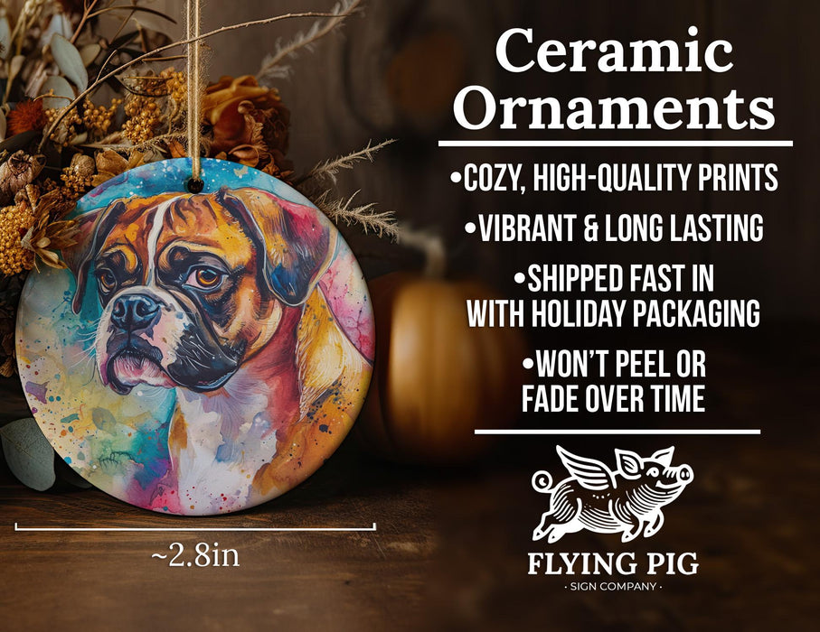 a ceramic ornament with a painting of a boxer dog