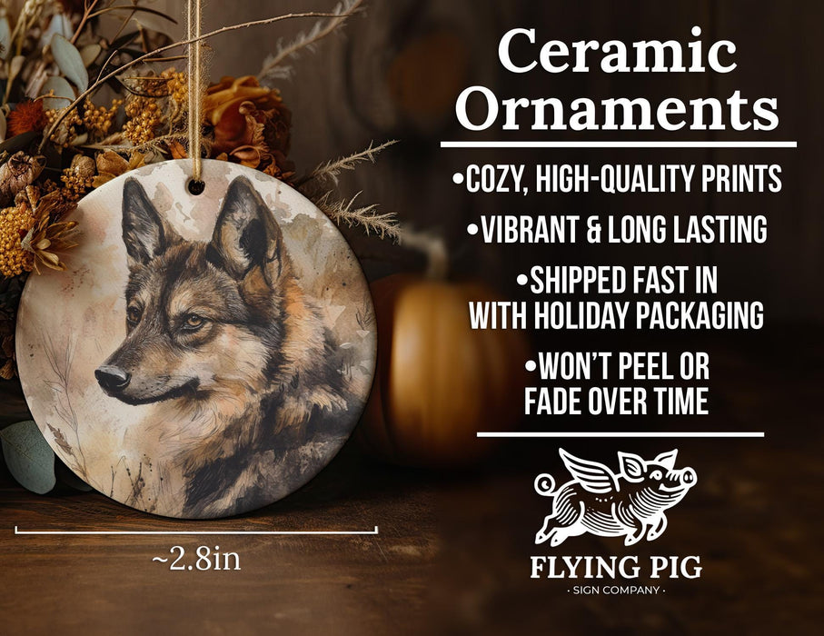a ceramic ornament with a picture of a wolf