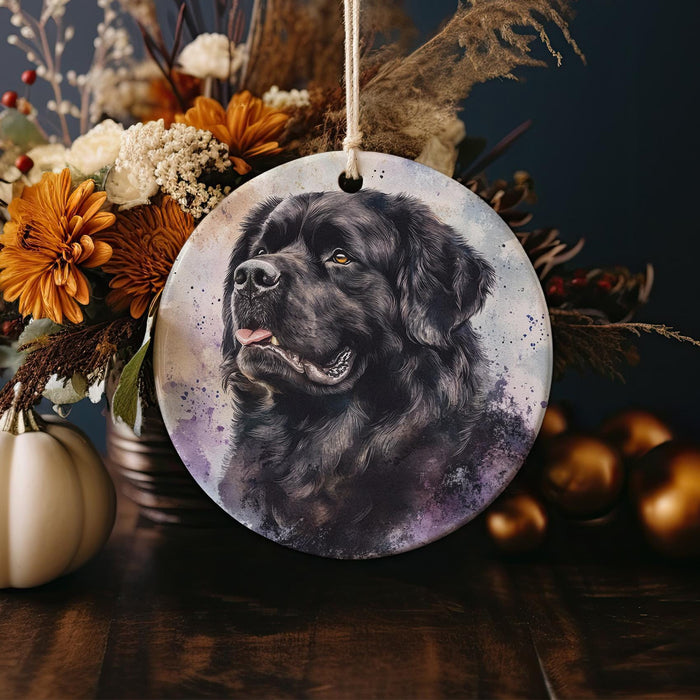 a picture of a black dog on a round ornament