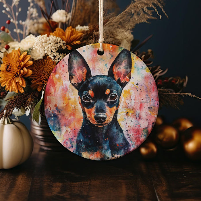 a painting of a dog on a round ornament