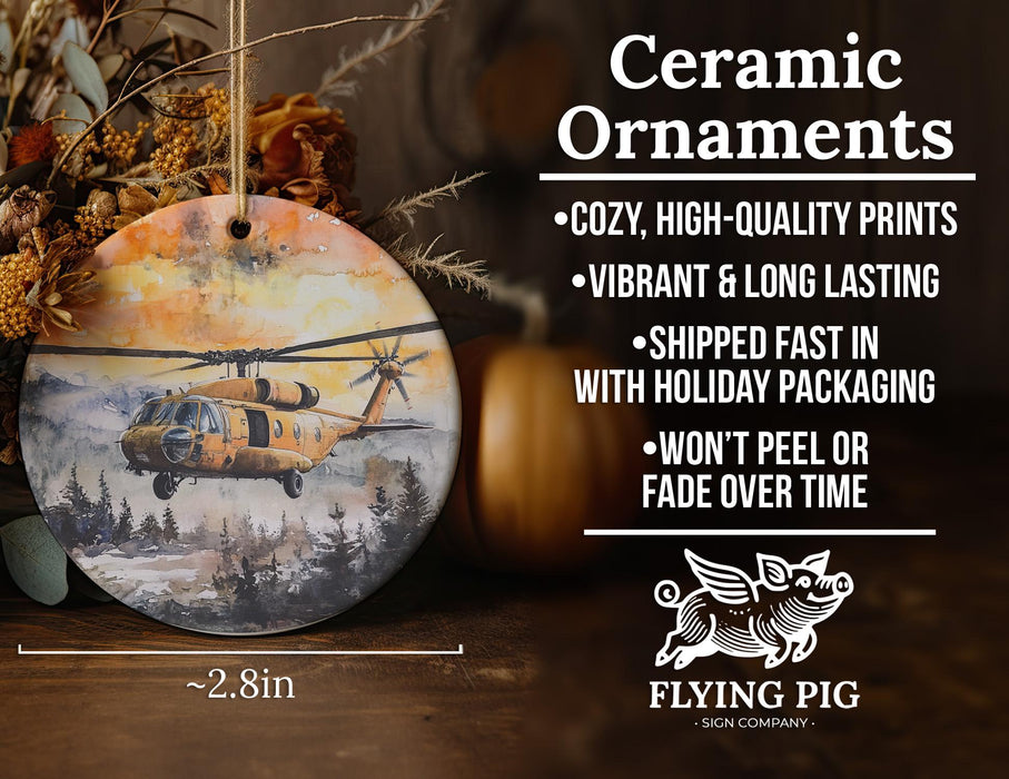 a ceramic ornament with a picture of a helicopter