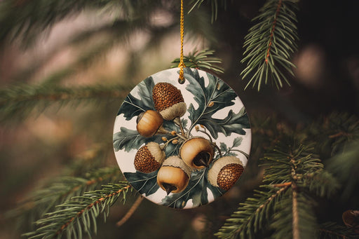 a ceramic ornament with acorns hanging from a tree