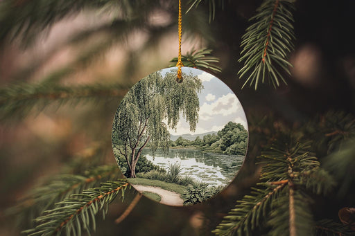 a christmas ornament hanging from a tree