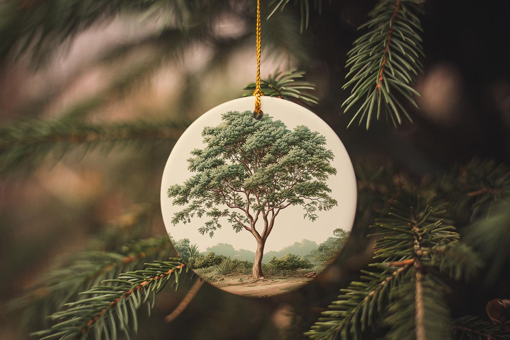 a christmas ornament hanging from a christmas tree
