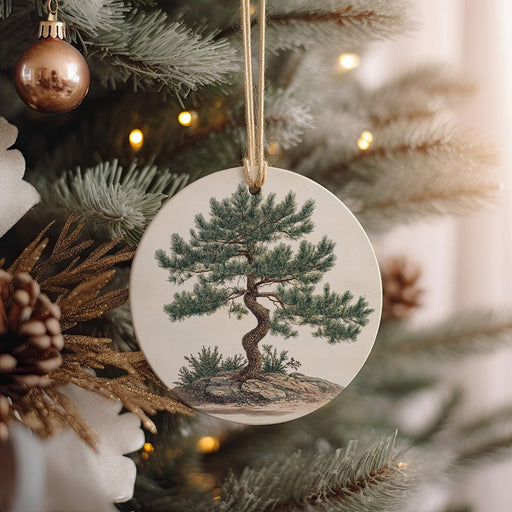 a ceramic ornament hanging from a christmas tree