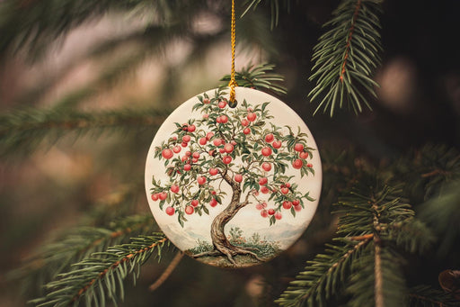a ceramic ornament hanging from a pine tree