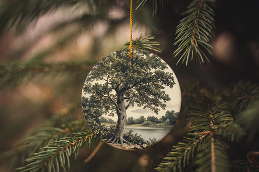 a glass ornament hanging from a christmas tree