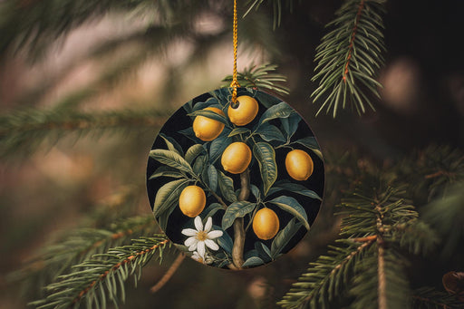 a christmas ornament hanging from a pine tree
