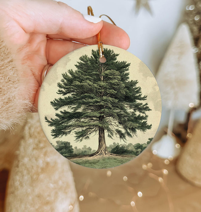a person holding a christmas ornament with a tree on it