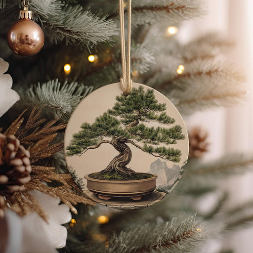 a ceramic ornament hanging from a christmas tree