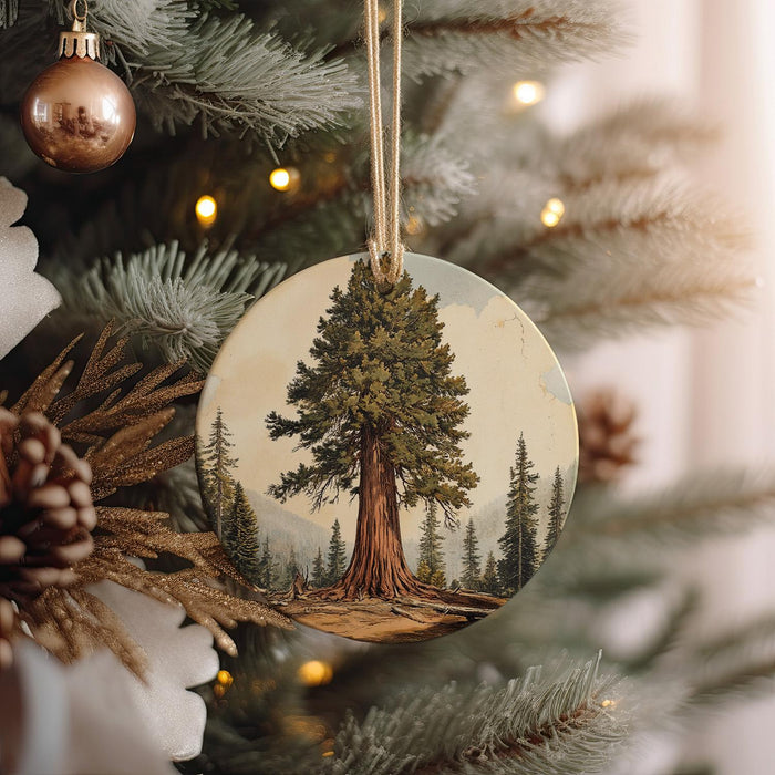 a christmas ornament hanging from a christmas tree