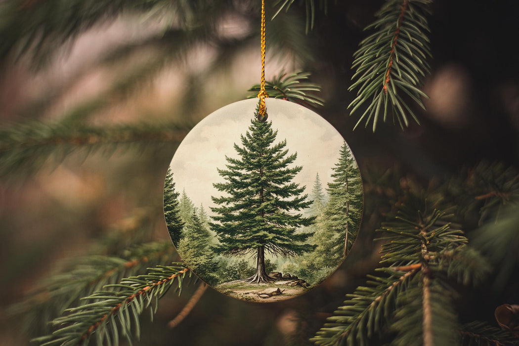 a christmas ornament hanging from a pine tree