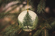 a christmas ornament hanging from a pine tree