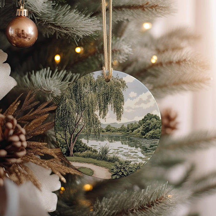 a christmas ornament hanging from a christmas tree