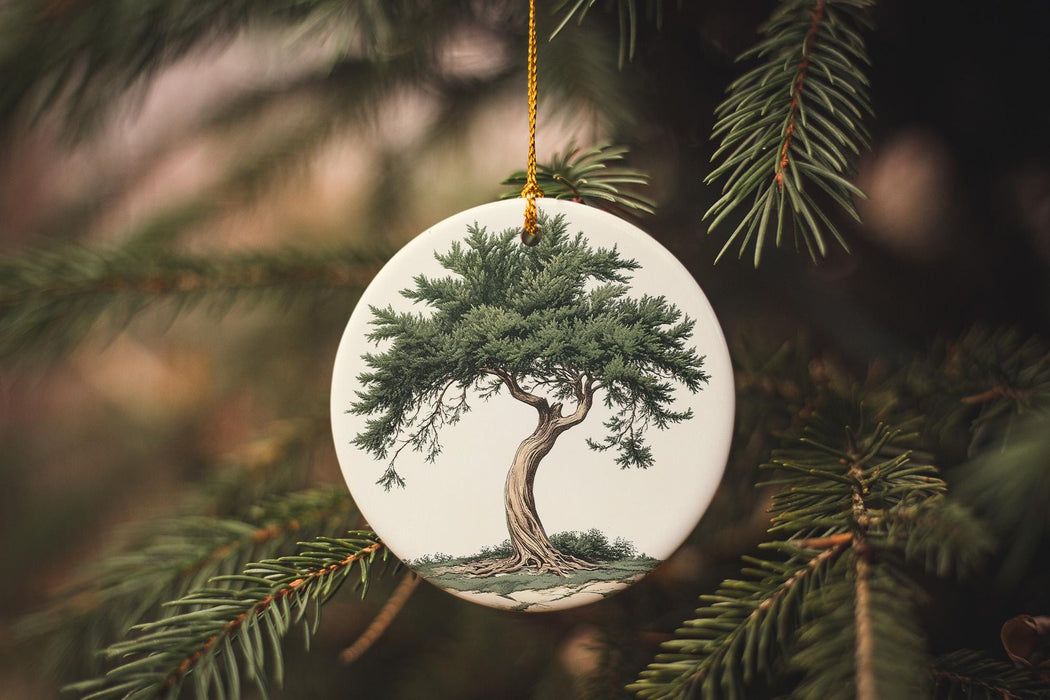a ceramic ornament hanging from a christmas tree