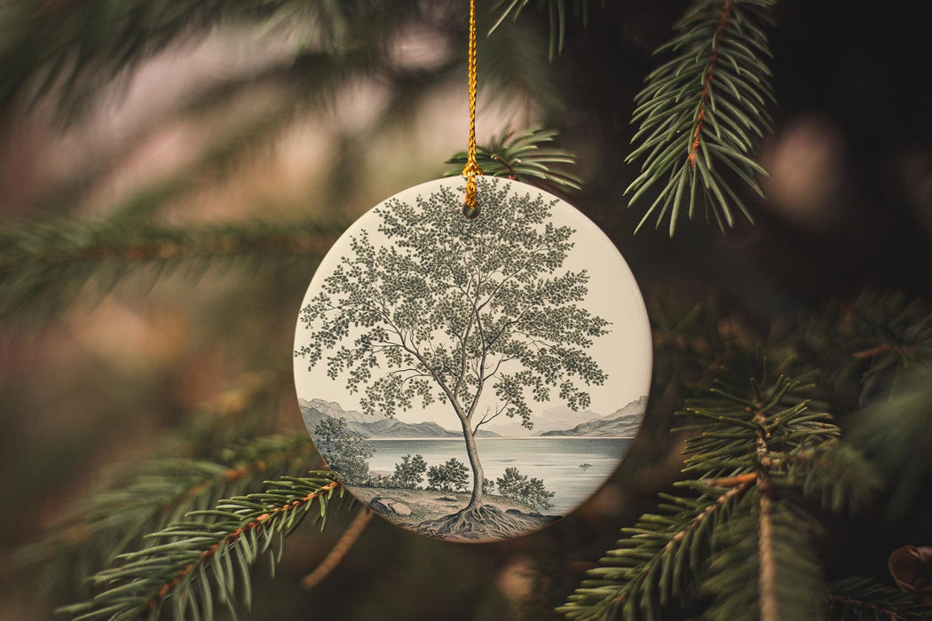 a christmas ornament hanging from a christmas tree