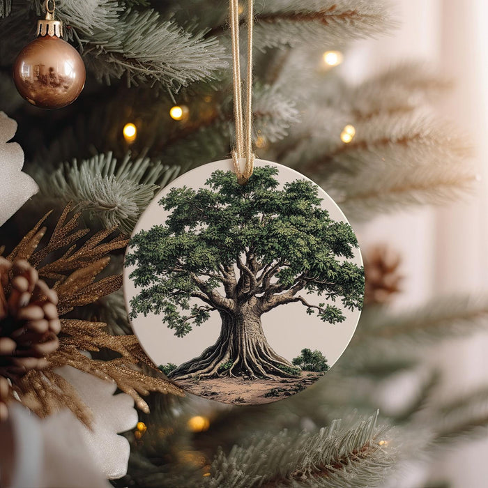 a christmas ornament hanging from a christmas tree