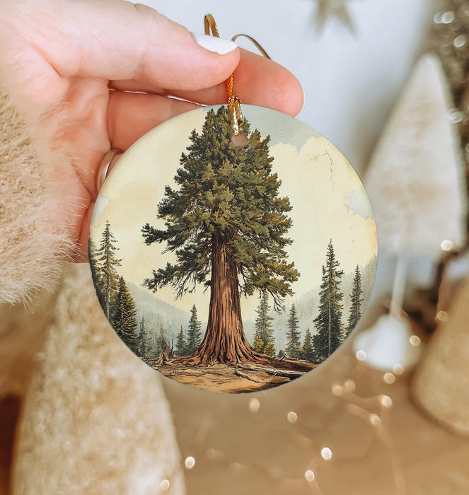 a person holding a christmas ornament with a tree on it